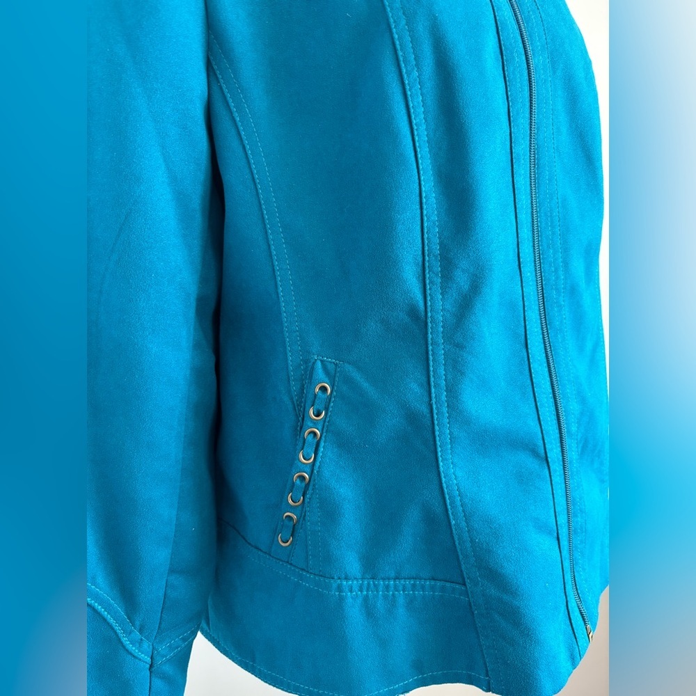 TanJay Women’s Teal Faux-Suede Zip Front Jacket Size 14 Petite - Picture 3 of 14